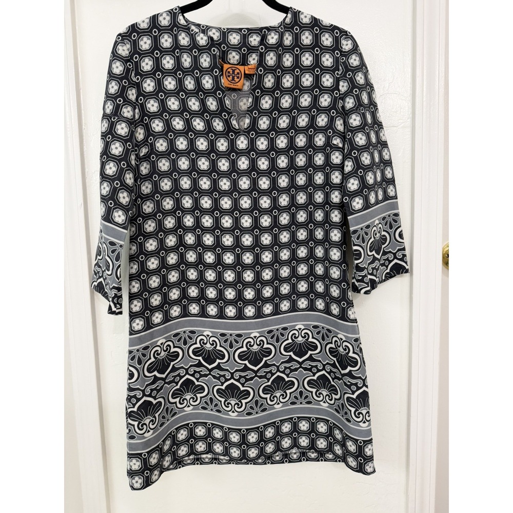 Tory Burch 100% Silk Gray White Geometric Tunic Dress Split Neck Women Shift 4